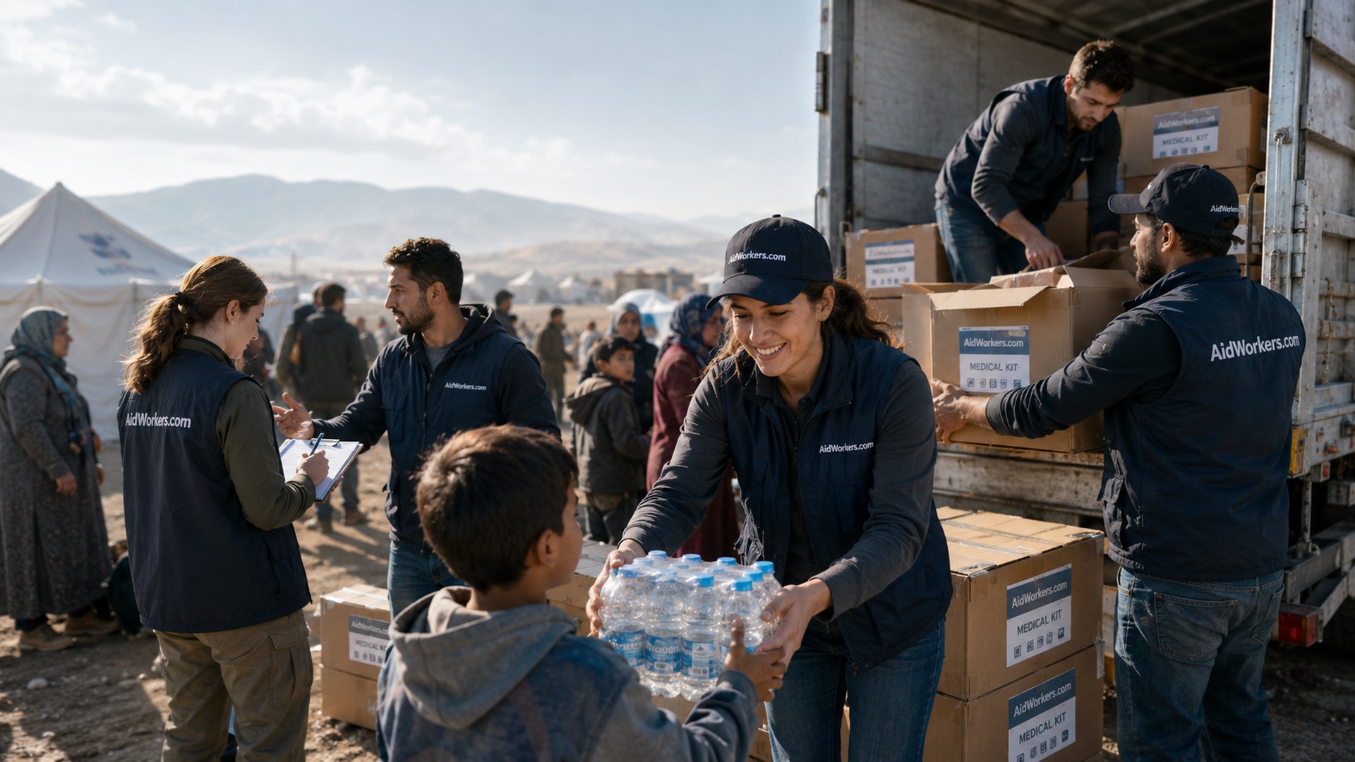 Aid workers in action distributing humanitarian supplies